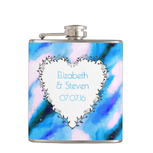 Heart Shaped Wreath On Blue Abstract Wedding Favor Hip Flask