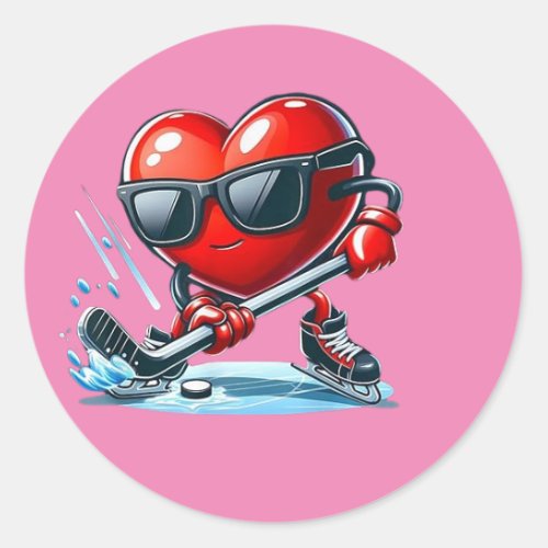 Heart Showing Hockey Skills Valentines Day Pink Classic Round Sticker