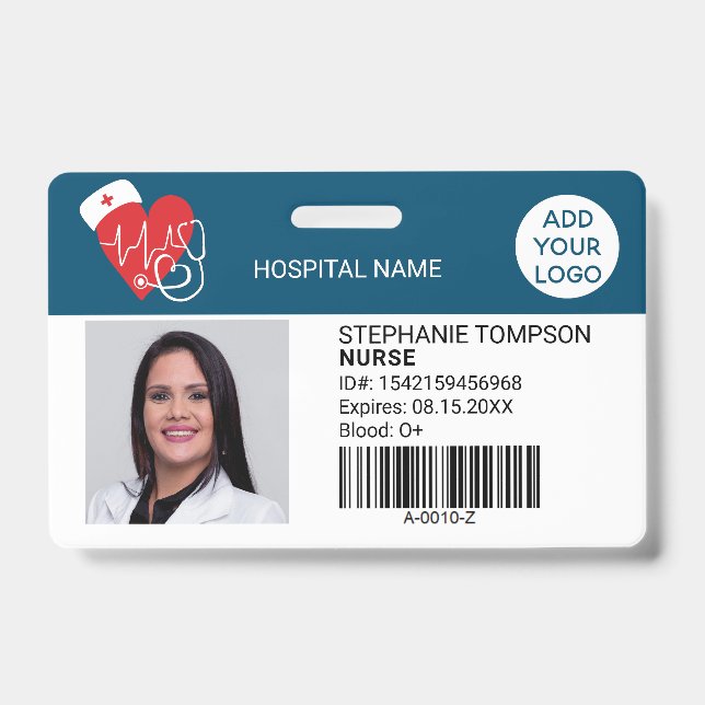Heart sign blue professional nurse photo logo code badge (Front)