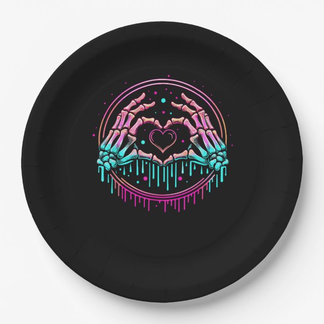 Heart Sign Skeleton Hand - Spooky Skeleton Hallowe Paper Plates (Front)