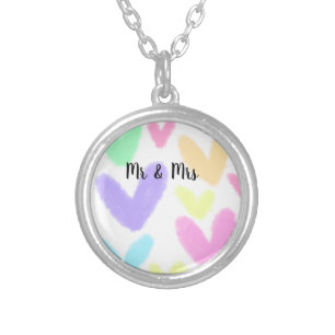 Heart simple minimal text style wedding Mr & mrs c Silver Plated Necklace