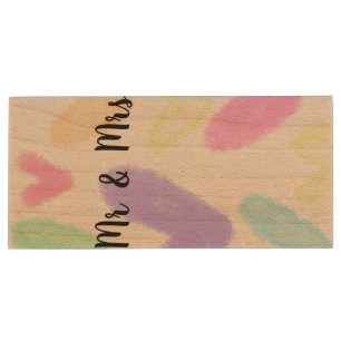 Heart simple minimal text style wedding Mr & mrs c Wood Flash Drive