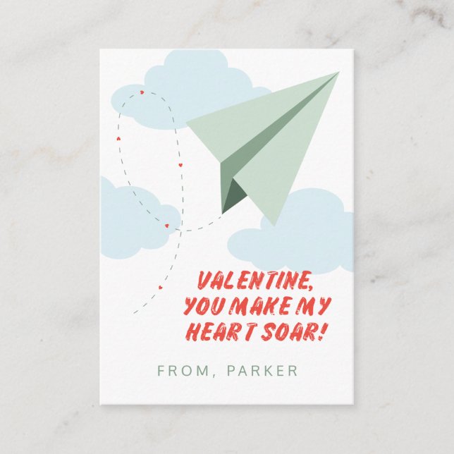 Heart Soar Paper Airplane Classroom Valentine Card (Front)
