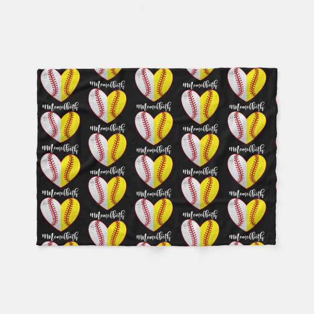 Heart Softball Baseball Mom Of Both Mother's Day Fleece Blanket (Front (Horizontal))