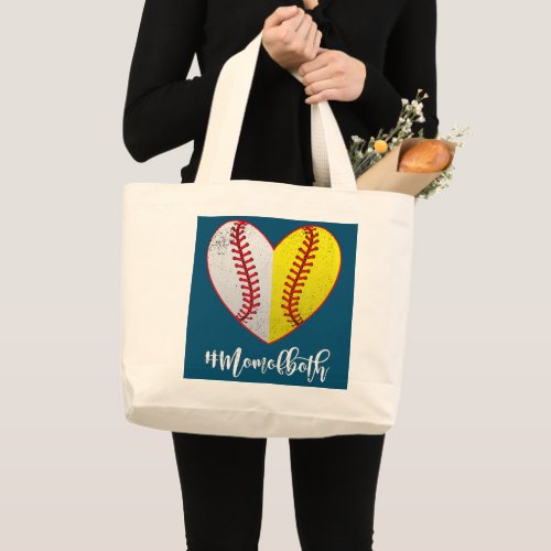 Heart Softball Baseball Mom Of Both Mothers Day Large Tote Bag
