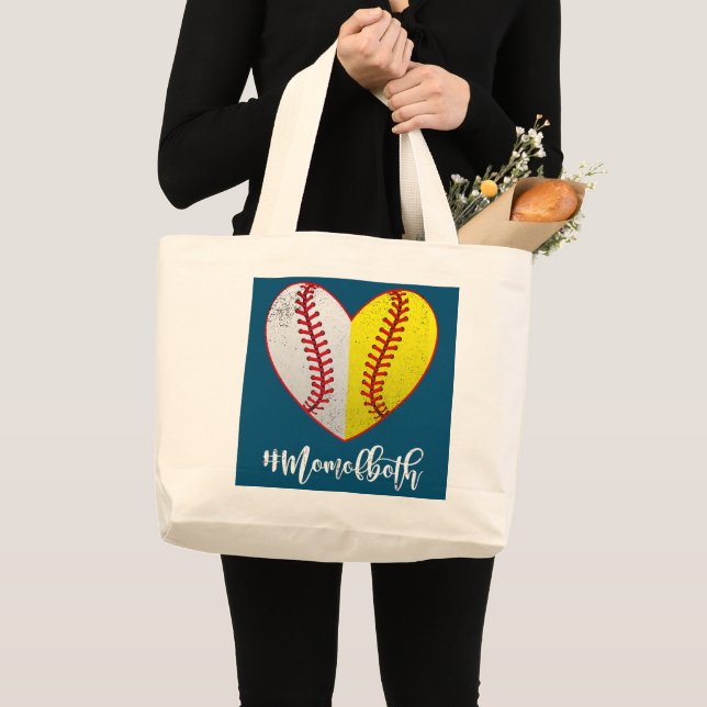 Heart Softball Baseball Mom Of Both Mother's Day Large Tote Bag (Front (Product))
