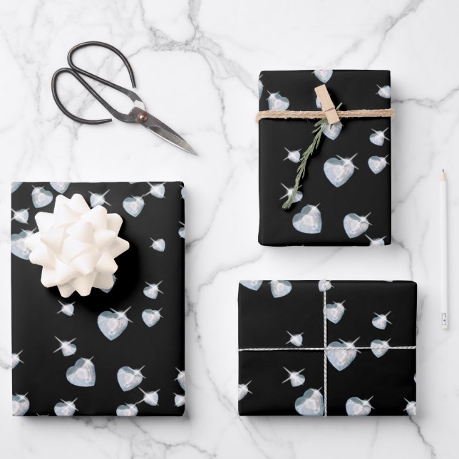 Heart Sparkle Diamonds Wrapping Paper Sheets (Front)