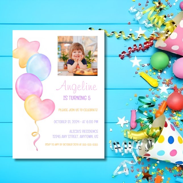 Heart Star Colorful Balloon Photo Kids Birthday Invitation (Creator Uploaded)