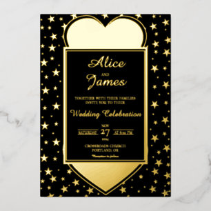 Heart Star Frame Elegant Black Gold Foil Wedding Invitation