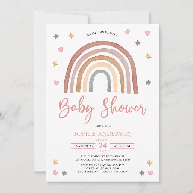 Heart Star Muted Tones Boho Rainbow Baby Shower Invitation (Front)