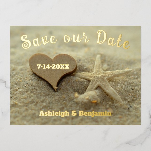 Heart Starfish Beach Wedding Save the Date Foil Holiday Postcard (Front)