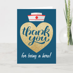 Heart Stethoscope Blue Gold Nurse Thank You Card