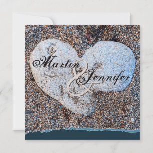Heart Stone in Sand Blue Turquoise Beach Wedding Invitation