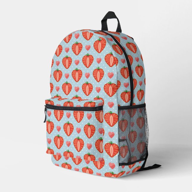 Heart Strawberries with Polka Dots And Hearts Printed Backpack (Back Corner Right)