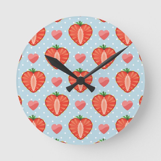 Heart Strawberries with Polka Dots And Hearts Round Clock (Front)
