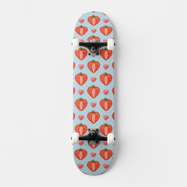 Heart Strawberries with Polka Dots And Hearts Skateboard Deck (Front)