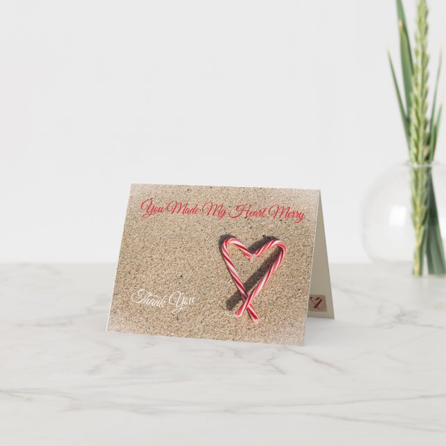 Heart Stripe Christmas Candy Cane Thank You Card (Front)