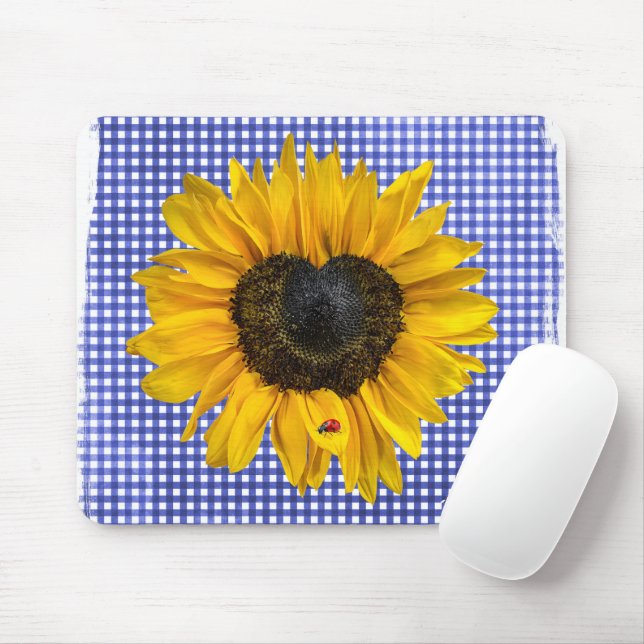 Heart Sunflower and Ladybug on Gingham  Mouse Pad (With Mouse)
