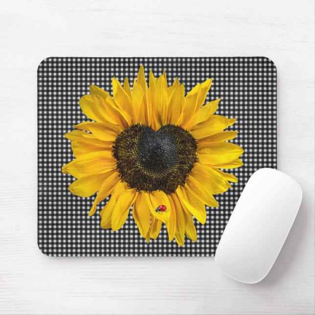 Heart Sunflower and Ladybug on Gingham Mouse Pad (With Mouse)
