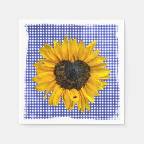 Heart Sunflower and Ladybug on Gingham  Napkins