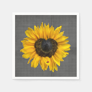 Heart Sunflower and Ladybug on Gingham Napkins