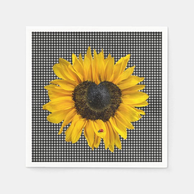 Heart Sunflower and Ladybug on Gingham  Napkins (Front)