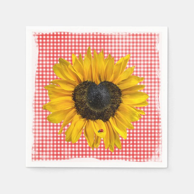 Heart Sunflower and Ladybug on Gingham Napkins (Front)