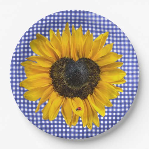 Heart Sunflower and Ladybug on Gingham Paper Plates