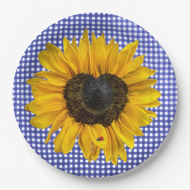 Heart Sunflower and Ladybug on Gingham Paper Plates (Front)