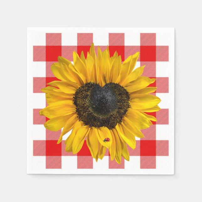 Heart Sunflower Ladybug on Buffalo Plaid  Napkins (Front)