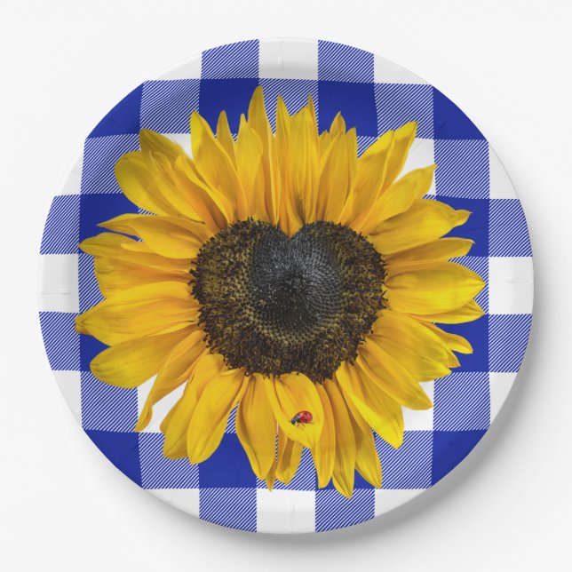 Heart Sunflower Ladybug on Buffalo Plaid Paper Plates (Front)