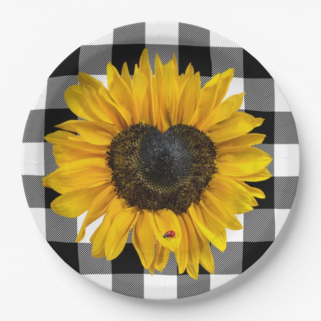 Heart Sunflower Ladybug on Buffalo Plaid Paper Plates (Front)
