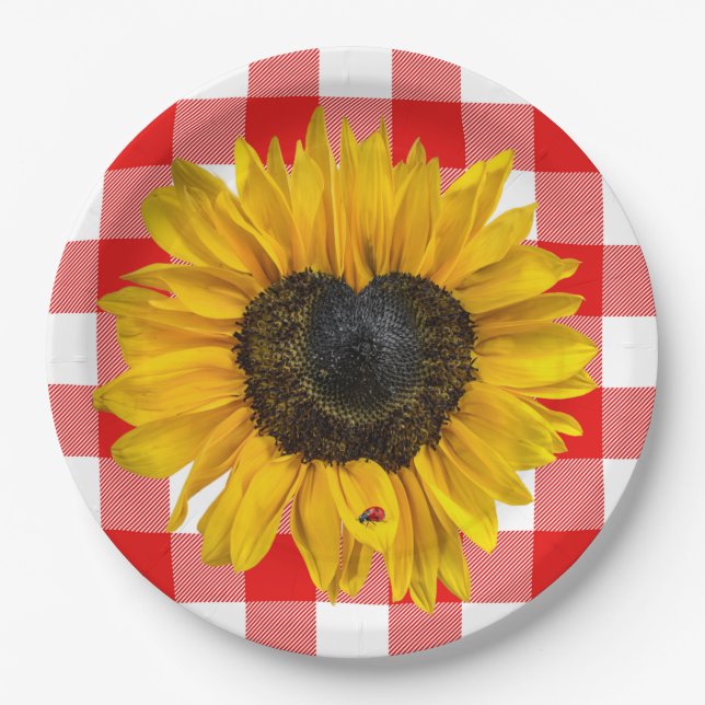 Heart Sunflower Ladybug on Buffalo Plaid  Paper Plates (Front)