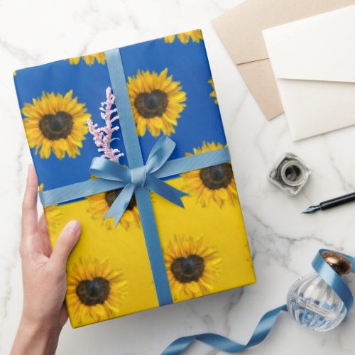 Heart Sunflower on Blue and Yellow Wrapping Paper