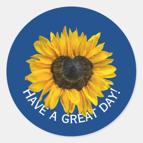 Heart Sunflower On Blue Classic Round Sticker