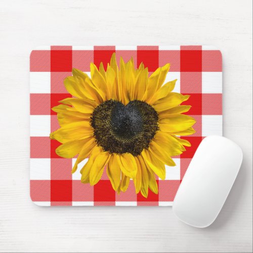 Heart Sunflower on Buffalo Plaid Mouse Pad