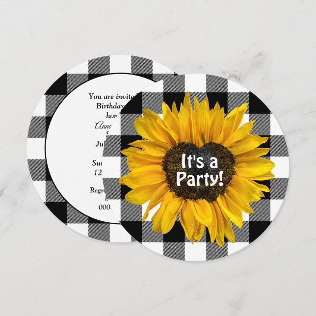 Heart Sunflower on Plaid Birthday Party  Invitation (Front/Back)