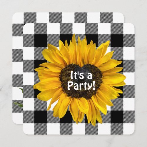 Heart Sunflower on Plaid Birthday Party Invitation