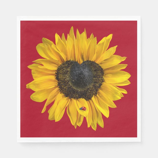 Heart Sunflower with Ladybug On Red Napkins (Front)