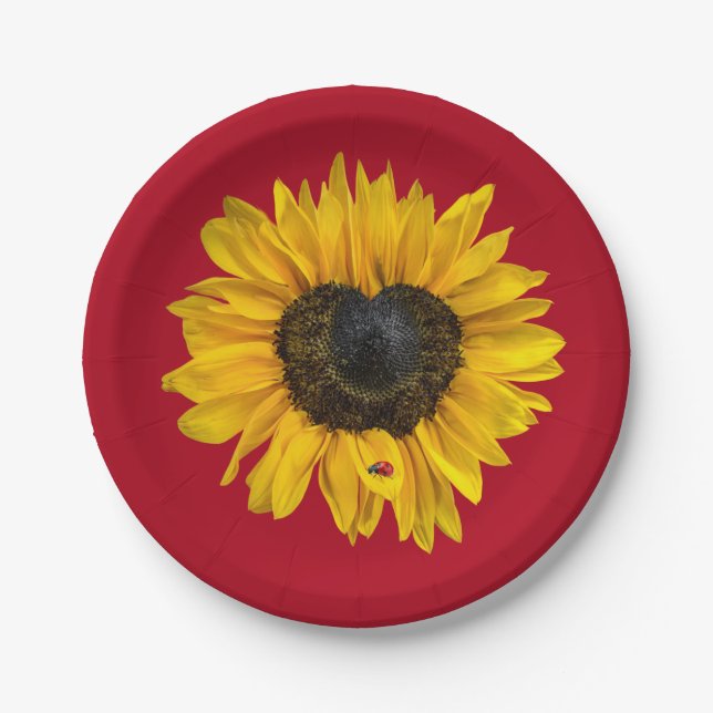 Heart Sunflower with Ladybug On Red Paper Plates (Front)