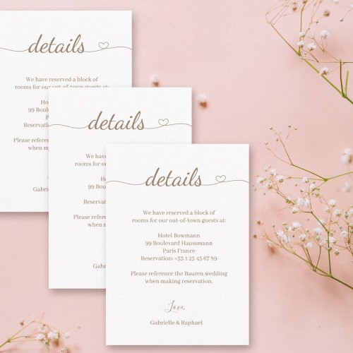 Heart Swash Gold White Gray Wedding Hotel Detail Enclosure Card