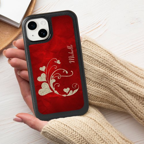 Heart Swirl Gold Faux Glitter Red OtterBox iPhone 14 Case