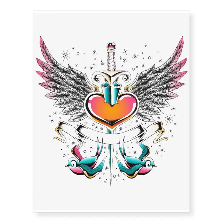 Heart, sword, wings & birds tattoo | Zazzle Heart, sword, wings & birds tattoo | Zazzle