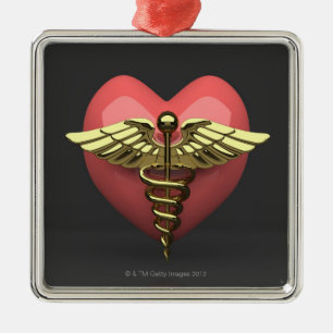 Heart symbol with medical symbol (caduceus) metal ornament