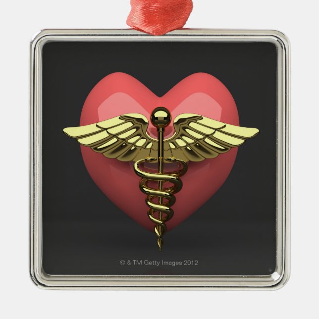 Heart symbol with medical symbol (caduceus) metal ornament (Front)