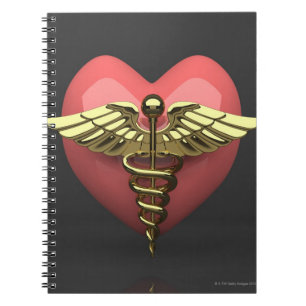 Heart symbol with medical symbol (caduceus) notebook