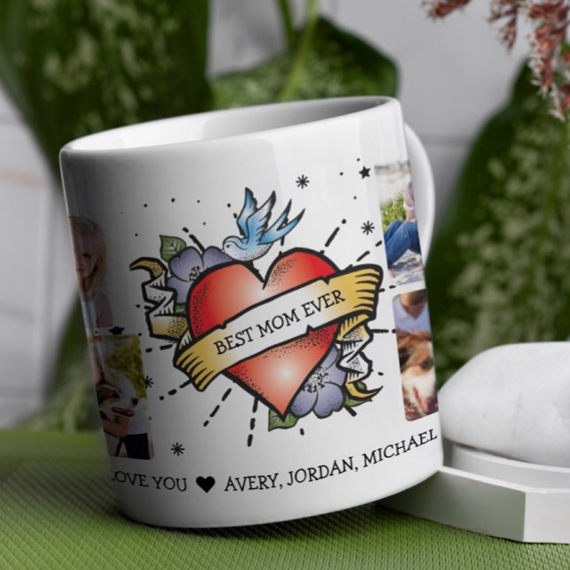 Heart Tattoo Personalized 8 Photo Collage Coffee Mug (Celebrate mom's one-of-a-kind style with this playful and heartfelt design! Customise Banner...)