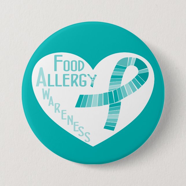 Heart Teal Ribbon Food Allergy Awareness Pinback Button (Front)