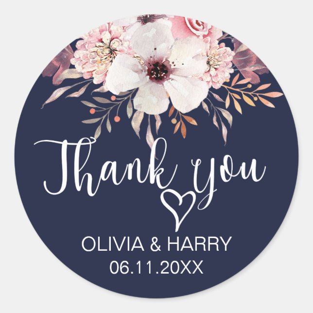 Heart Thank You Wedding Favor Stickers | Navy Blue (Front)