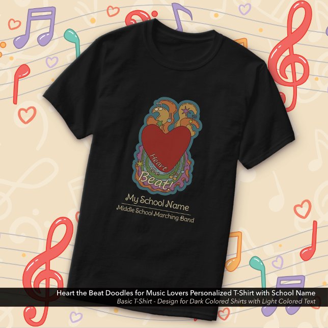 Heart the Beat Doodles Music Lovers School Name T-Shirt (Heart the Beat Doodles Music Lovers T-Shirt Personalized with School with Your Name)
